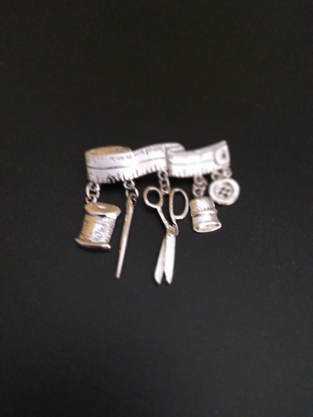 Silver Sewing Charm Brooch with Scissors, Thimble and Tape Measure HOBY Pins